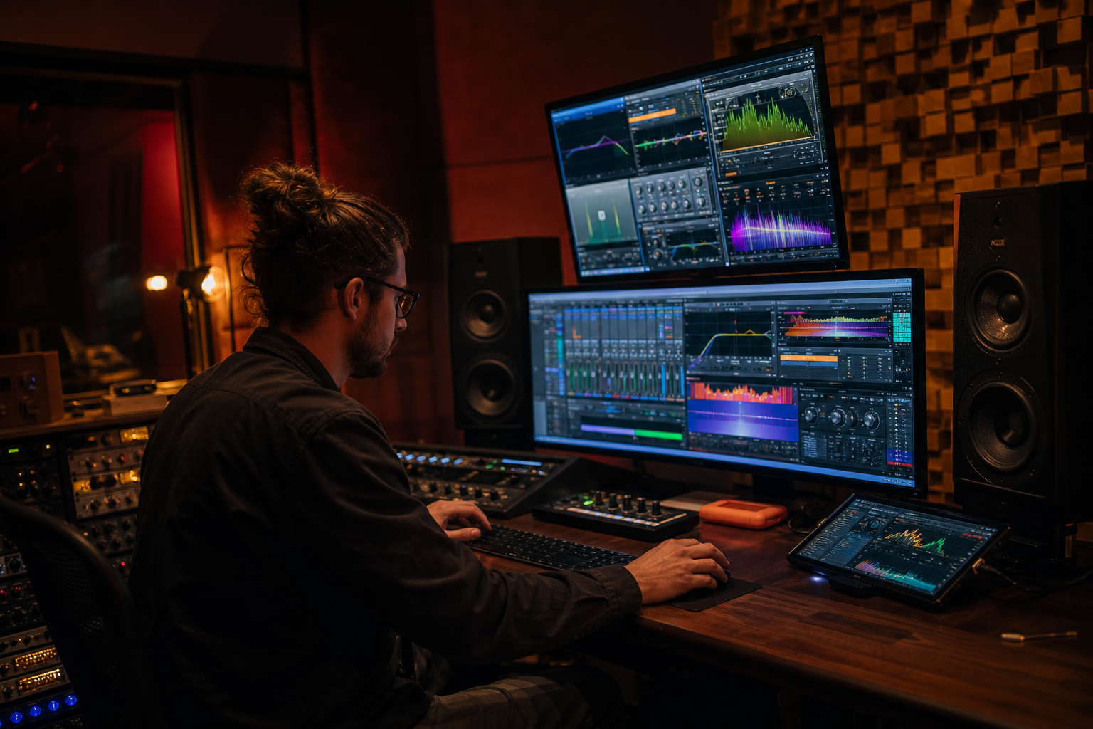 Music producer working at a DAW with colorful plugins glowing on screen in a warm recording studio control room