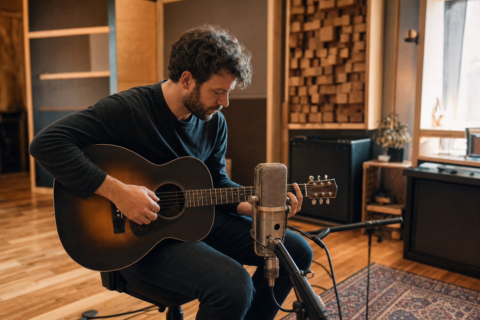 Musician recording an acoustic guitar take in the studio's live room