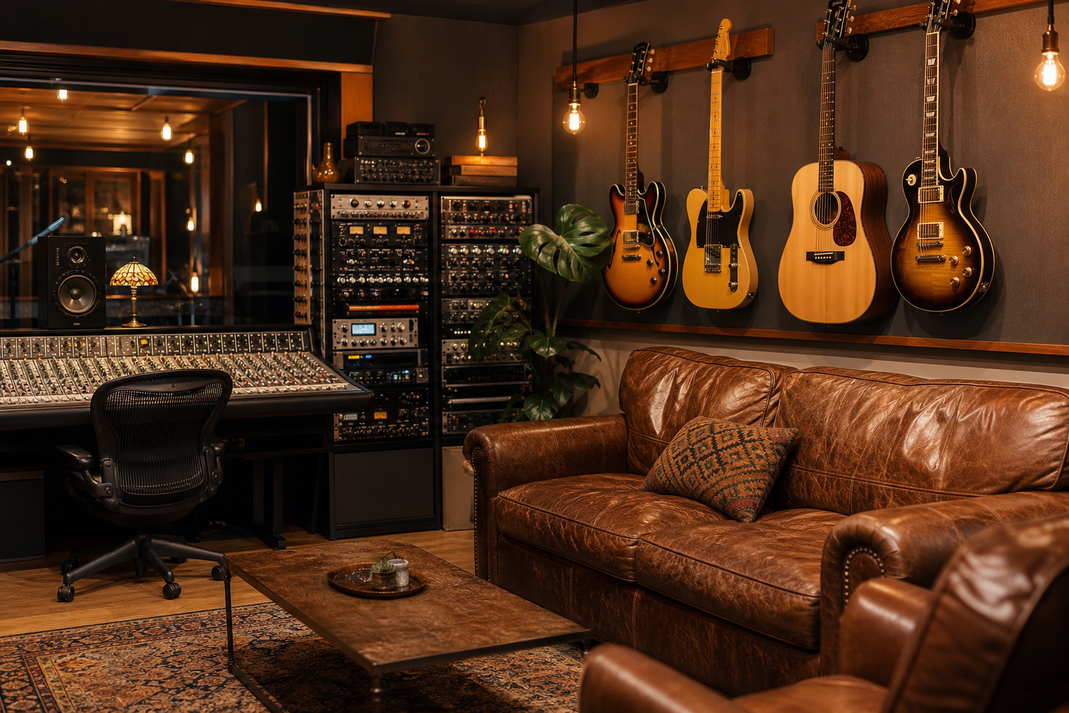 Warm, inviting recording studio control room lounge with a couch and vintage gear